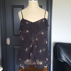 Bird Print Spaghetti Strap Elastic Ruffle Top
